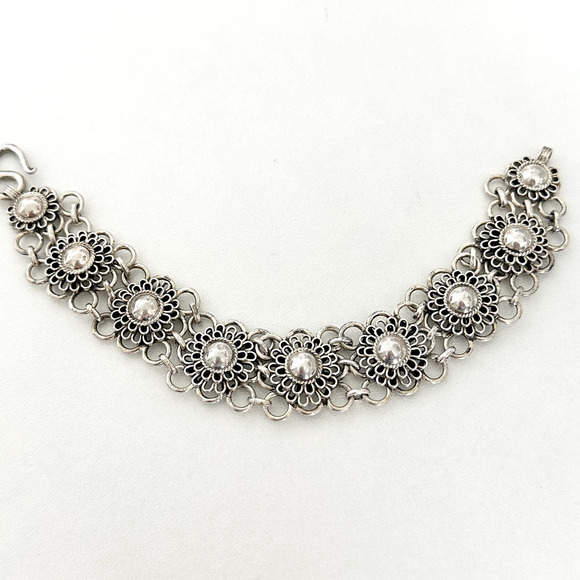 Vintage 925 Sterling Silver Wide Flower Detailed Chunky Chain Link Bracelet 6.75